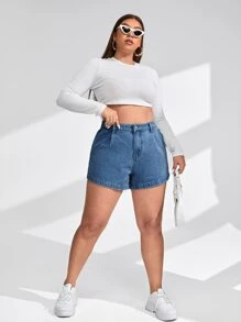 SHEIN Essnce 大碼拉鏈門襟斜口袋牛仔短褲 - 中等水洗藍 - 查看 4