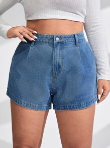 SHEIN Essnce 大碼拉鏈門襟斜口袋牛仔短褲 - 中等水洗藍 - 查看 5