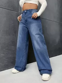 SHEIN EZwear 大碼斜口袋闊腿牛仔褲 - 中等水洗藍 - 查看 1