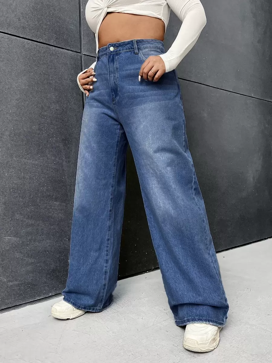 SHEIN EZwear 大碼斜口袋闊腿牛仔褲 - 中等水洗藍 - 查看 1