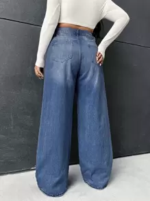 SHEIN Tall CURVE Plus Size Women's Casual Basic Blue Loose Denim Long Pants - Blue - View 2