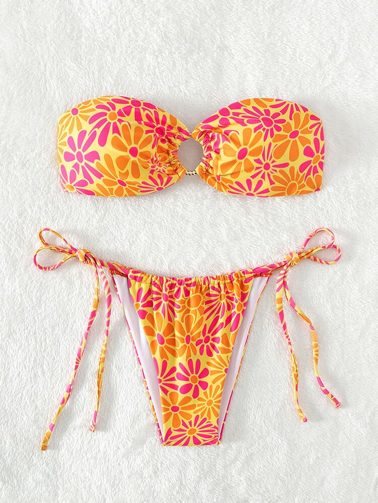 Floral Print Bikini Set Ring Linked Bandeau Bra & Tie Side Bottom 2 Pieces Bikini Summer Beach