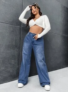 SHEIN Tall CURVE Plus Size Women's Casual Basic Blue Loose Denim Long Pants - Blue - View 3