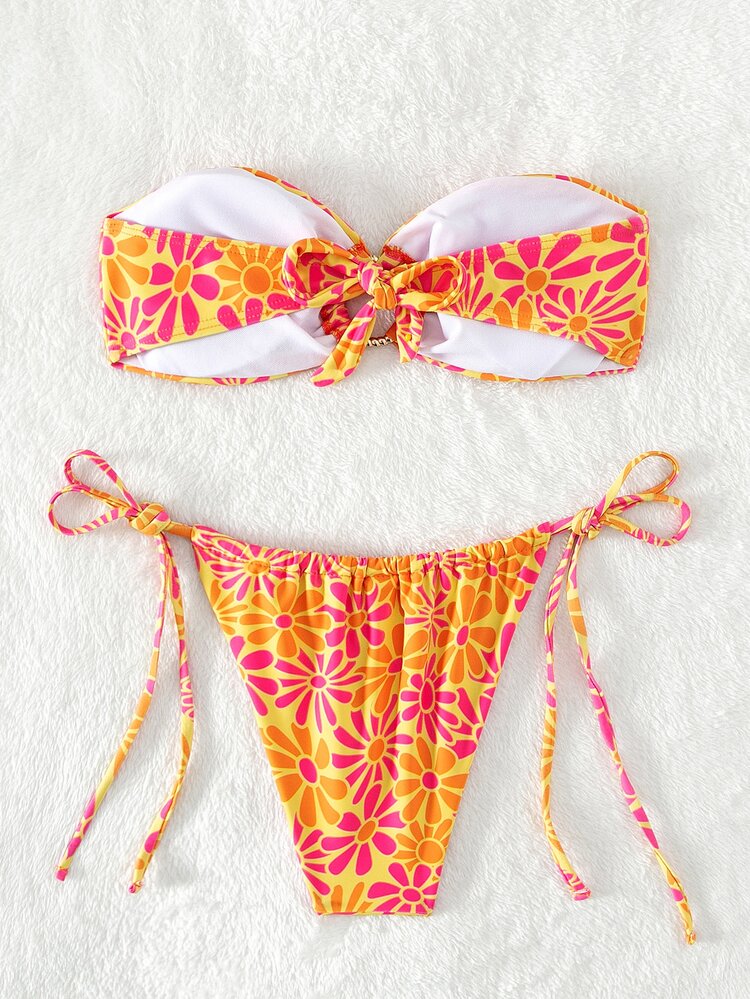 Floral Print Bikini Set Ring Linked Bandeau Bra & Tie Side Bottom 2 Pieces Bikini Summer Beach