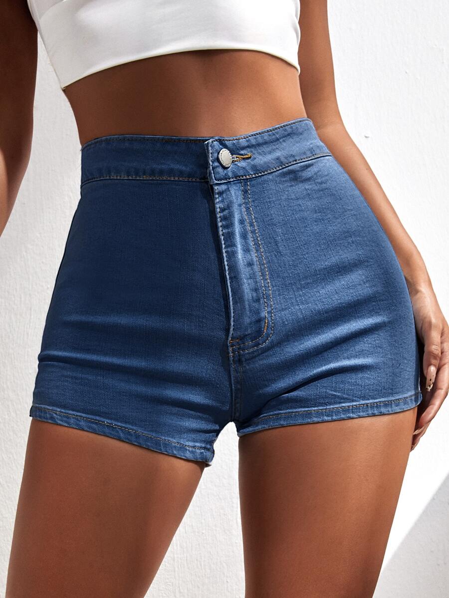 SHEIN ICON 拉鏈門襟緊身牛仔短褲 - 深色水洗藍 - 查看 1