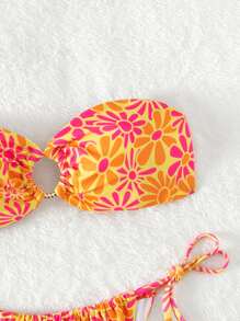 Swim Mod 花卉印花比基尼套装 环扣抹胸文胸和系带侧边下装 2 件套比基尼 夏季海滩 - 彩色 - 查看 3