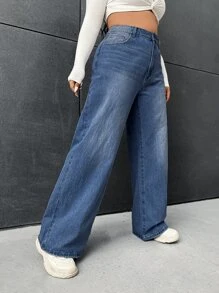 SHEIN Tall CURVE Plus Size Women's Casual Basic Blue Loose Denim Long Pants - Blue - View 5