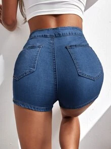 SHEIN ICON 拉鏈門襟緊身牛仔短褲 - 深色水洗藍 - 查看 2