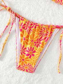 Swim Mod 花卉印花比基尼套装 环扣抹胸文胸和系带侧边下装 2 件套比基尼 夏季海滩 - 彩色 - 查看 4