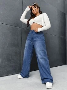 SHEIN Tall CURVE Plus Size Women's Casual Basic Blue Loose Denim Long Pants - Blue - View 6