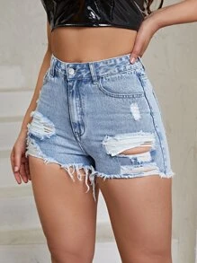 SHEIN Essnce Shorts mezclilla desgarro bajo crudo - Lavado ligero - Ver 1