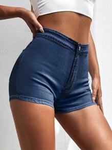 SHEIN Essnce High Waist Skinny Denim Shorts - Dark Wash - View 4