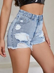 SHEIN Essnce Shorts mezclilla desgarro bajo crudo - Lavado ligero - Ver 3