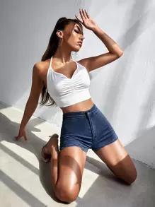 SHEIN Essnce High Waist Skinny Denim Shorts - Dark Wash - View 5