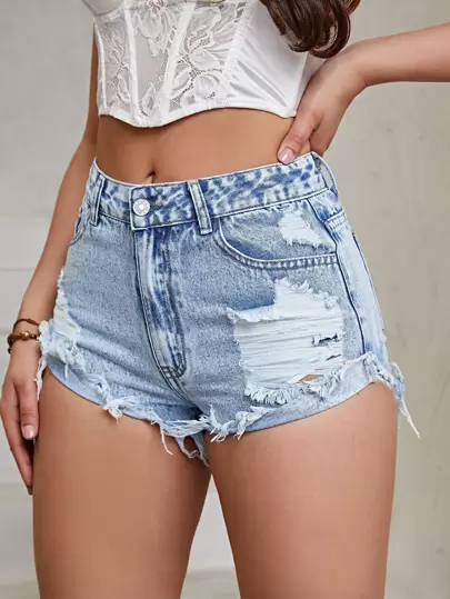 SHEIN Essnce 破洞毛邊牛仔短褲