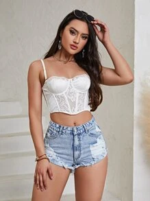 SHEIN Essnce Ripped Raw Hem Denim Shorts - Light Wash - View 5