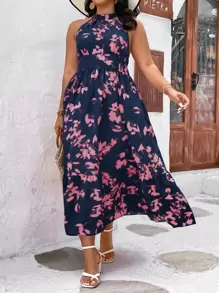 SHEIN LUNE Plus Allover Print Ruffle Hem Dress - Navy Blue - View 1