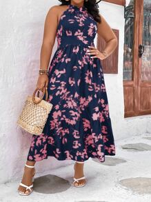 SHEIN LUNE Plus Allover Print Ruffle Hem Dress - Navy Blue - View 4