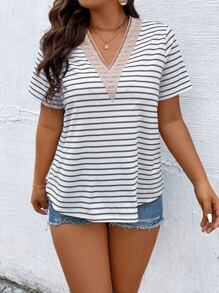 SHEIN LUNE Plus Striped Contrast Guipure Lace Tee - Grey - View 4