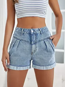 SHEIN Essnce High Waist Roll Up Hem Denim Shorts - Blue - View 1