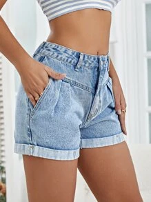 SHEIN Essnce High Waist Roll Up Hem Denim Shorts - Blue - View 3