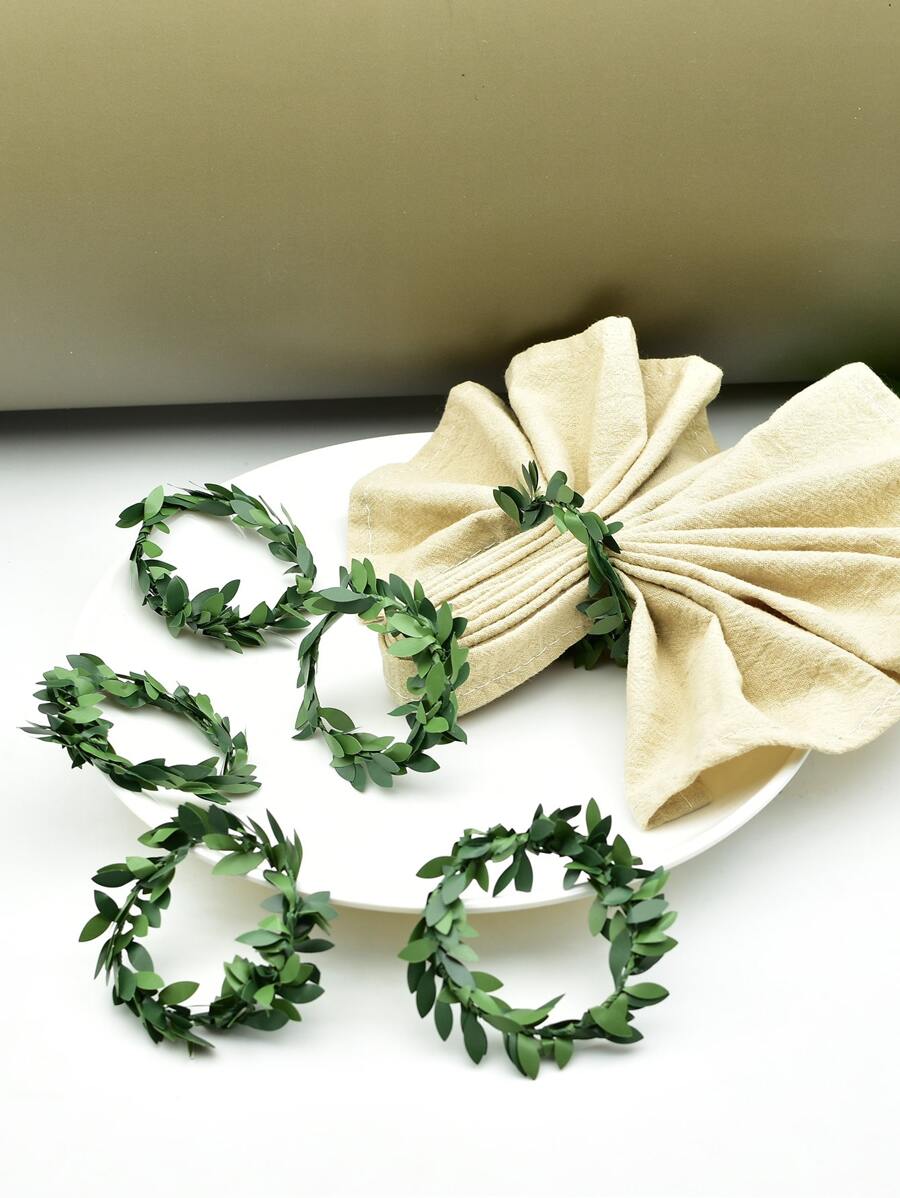 6pcs/set Plastic Napkin Ring, Fashionable Green l Leaf Decor Napkin Holder Ring For Kitchen - Green - View 1