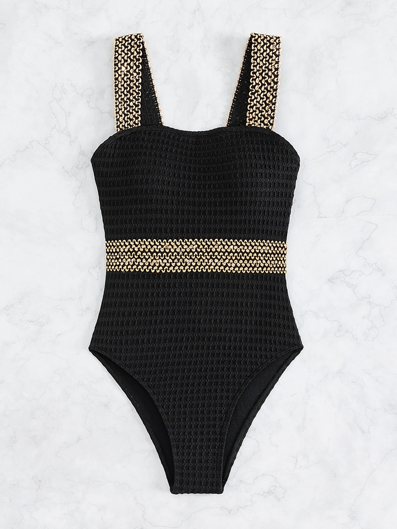 SHEIN Swim Fato de banho de uma peça lantejoula de contraste sem fio - Preto - Visão 3