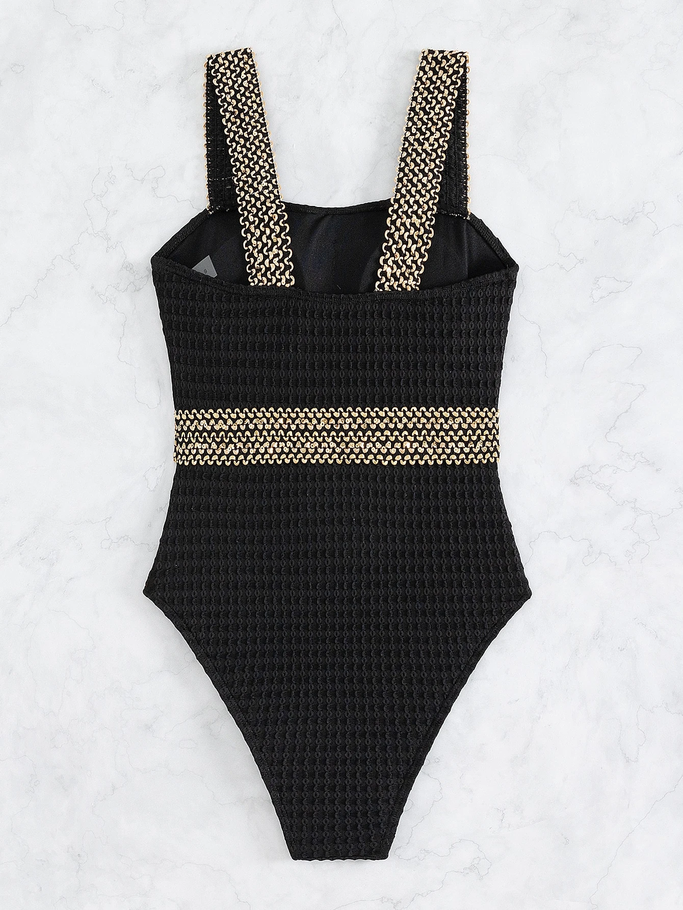 SHEIN Swim Fato de banho de uma peça lantejoula de contraste sem fio - Preto - Visão 4