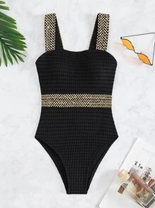 SHEIN Swim 亮片拼接無鋼圈連體泳衣 - 黑色 - 查看 5
