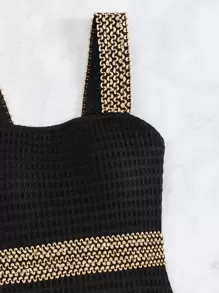 SHEIN Swim 亮片拼接無鋼圈連體泳衣 - 黑色 - 查看 6