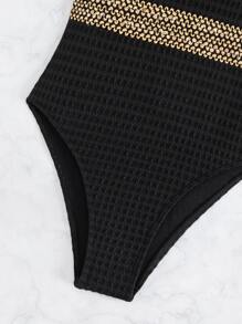 SHEIN Swim 亮片拼接無鋼圈連體泳衣 - 黑色 - 查看 7