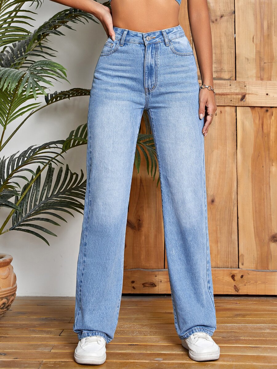 SHEIN Essnce 高腰直筒牛仔褲 - 藍色 - 查看 1