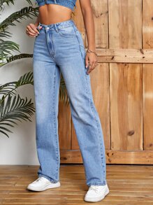 SHEIN Essnce 高腰直筒牛仔褲 - 藍色 - 查看 6