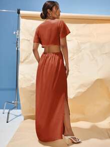 Vivid Eden Solid Plunge Neck Knot Front Cut Out Split Thigh Dress - Burnt Orange - View 2