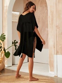 Batwing Sleeve Tassel Detail Split Hem Open Knit Cover Up Without Bikini - Black - View 2