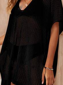Batwing Sleeve Tassel Detail Split Hem Open Knit Cover Up Without Bikini - Black - View 3