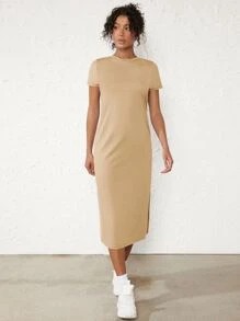 SHEIN BASICS Solid Split Thigh Tee Dress - Khaki - View 1