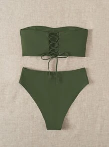 SHEIN Swim Summer Beach Solid Bikini Set Lace Up Back Reversible Tube Bra & High Waisted Bottom 2 Piece Bathing Suit - Army Green - View 2