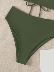 SHEIN Swim Summer Beach Solid Bikini Set Lace Up Back Reversible Tube Bra & High Waisted Bottom 2 Piece Bathing Suit - Army Green - View 4