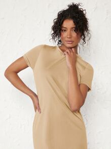 SHEIN BASICS Solid Split Thigh Tee Dress - Khaki - View 5