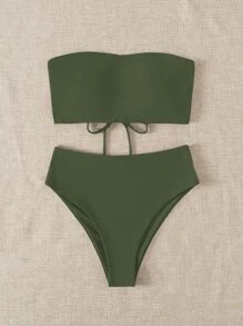 SHEIN Swim Summer Beach Solid Bikini Set Lace Up Back Reversible Tube Bra & High Waisted Bottom 2 Piece Bathing Suit - Army Green - View 5
