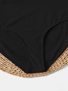 SHEIN Swim Curve 大码纯色高腰比基尼泳裤 夏季 - 黑色 - 查看 5