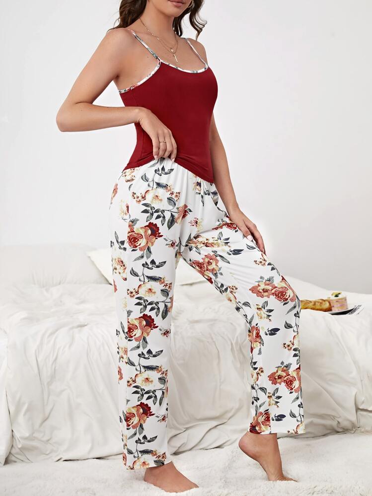 con estampado floral unido en contraste Top de tirantes con pantalones Conjunto de pijama - Multicolor - Ver 3