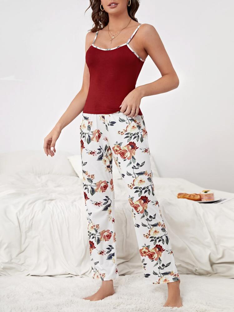 con estampado floral unido en contraste Top de tirantes con pantalones Conjunto de pijama - Multicolor - Ver 4