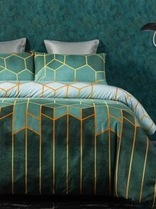 3pcs Duvet Cover Set With Geometric Elements, Simple European Style Pattern, Flannel Polyester Fabric, Including 1 Duvet Cover And 2 Pillowcases - Dark Green - View 1