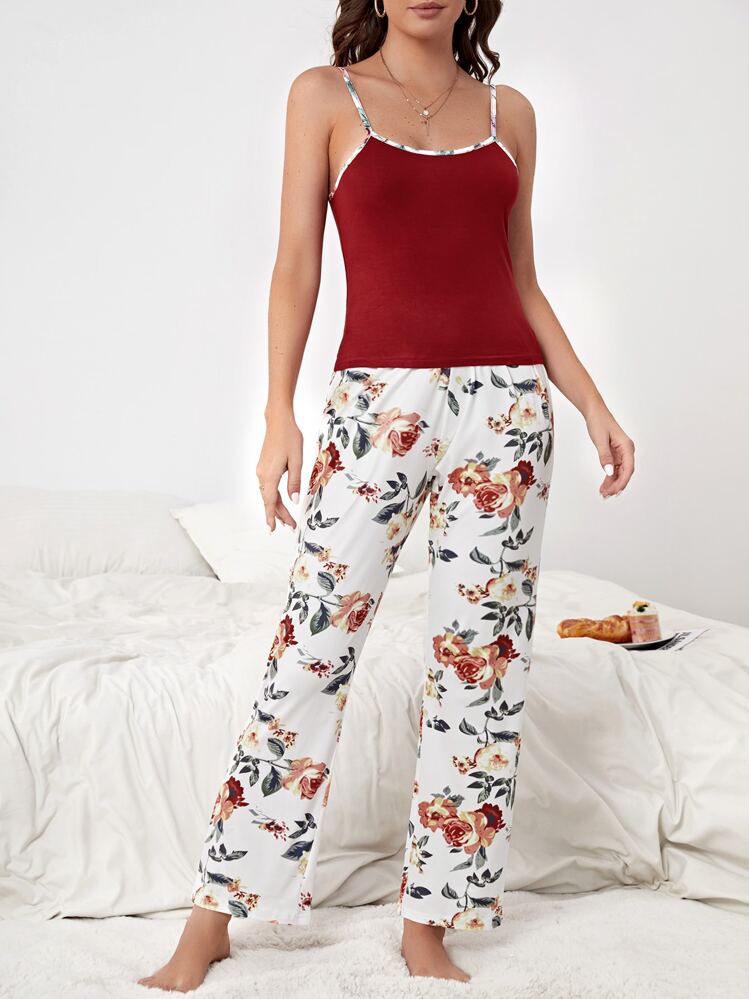 con estampado floral unido en contraste Top de tirantes con pantalones Conjunto de pijama - Multicolor - Ver 5
