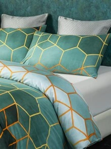 3pcs Duvet Cover Set With Geometric Elements, Simple European Style Pattern, Flannel Polyester Fabric, Including 1 Duvet Cover And 2 Pillowcases - Dark Green - View 2