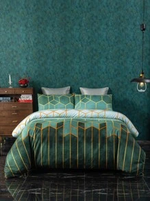 3pcs Duvet Cover Set With Geometric Elements, Simple European Style Pattern, Flannel Polyester Fabric, Including 1 Duvet Cover And 2 Pillowcases - Dark Green - View 5