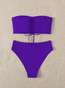 SHEIN Swim Summer Beach Lace Up Back Bandeau High Waisted Bikini Set - Violet Purple - View 4