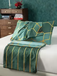 3pcs Duvet Cover Set With Geometric Elements, Simple European Style Pattern, Flannel Polyester Fabric, Including 1 Duvet Cover And 2 Pillowcases - Dark Green - View 7